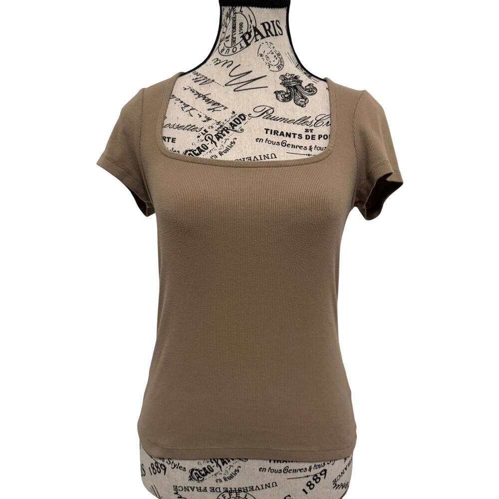 Old Navy Square Neck Ribbed T-Shirt Womens Small Tan Toasted Almond Short Sleeve